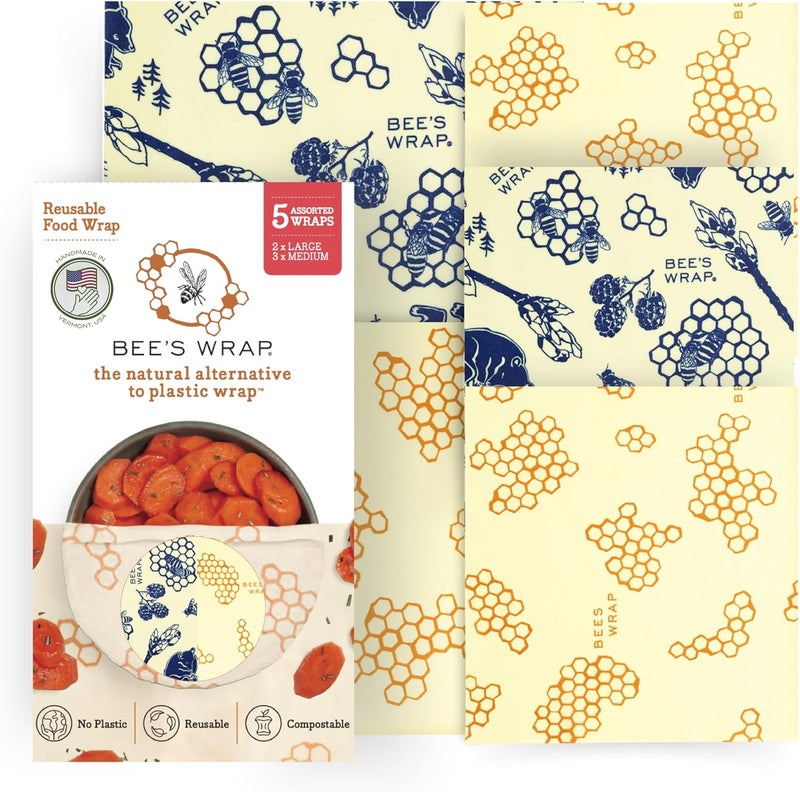 Bee's Wrap Beeswax Wraps for Food - Made in USA Reusable & Organic Food Wraps & Bowl Covers - Eco-Friendly Alternative to Aluminum Foil, Honeycomb & Bees + Bears Assorted 5 Pack (2L, 3M) - Image 1
