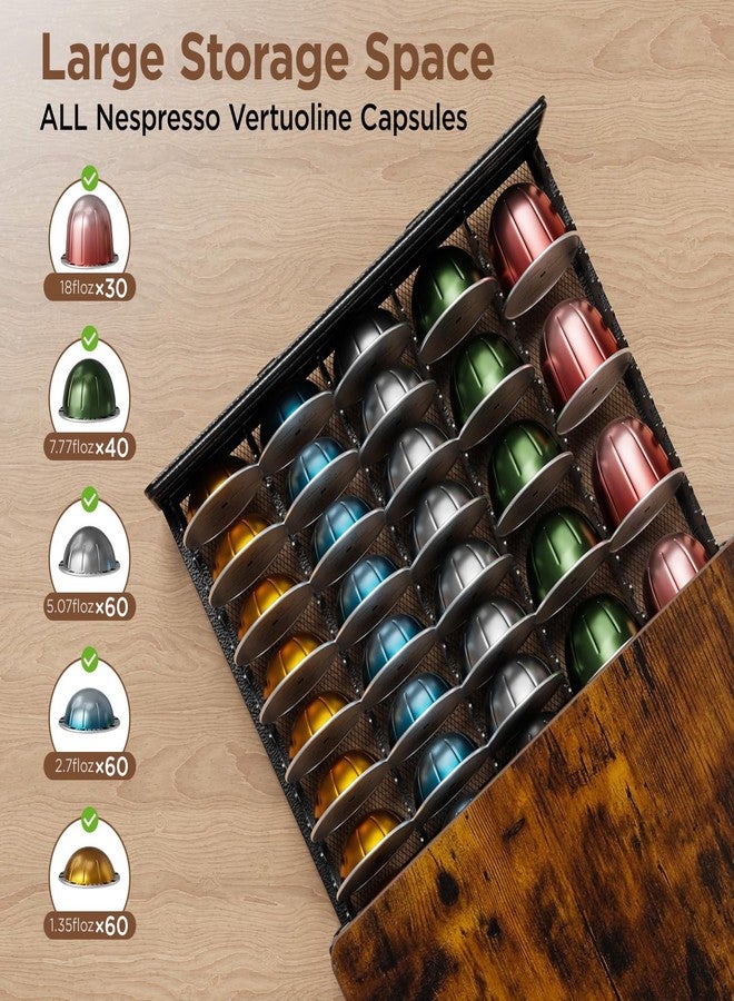 HFHOME حامل كبسولات HFHOME Vertuo، متوافق مع كبسولات Nespresso Vertuoline سعة 40 كبسولة كبيرة أو 60 كبسولة صغيرة، سطح خشبي وأرفف شبكية، منظم ركن قهوة للمطبخ مع درج منزلق، لون بني ريفي - Image 3