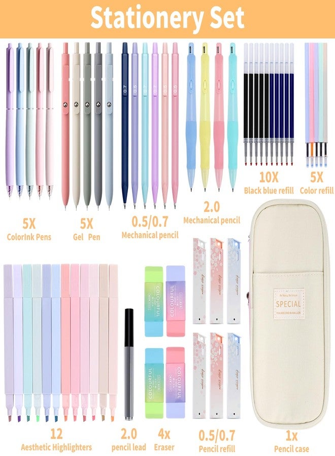 YOPCDJ 59 PCS Aesthetic School Supplies with Cute Pencil Case, Pastel Highlighters Black Ink Gel Pens Art Pencils Kit, Back to School Supplies College Essentials Preppy Stationary Set - Image 2