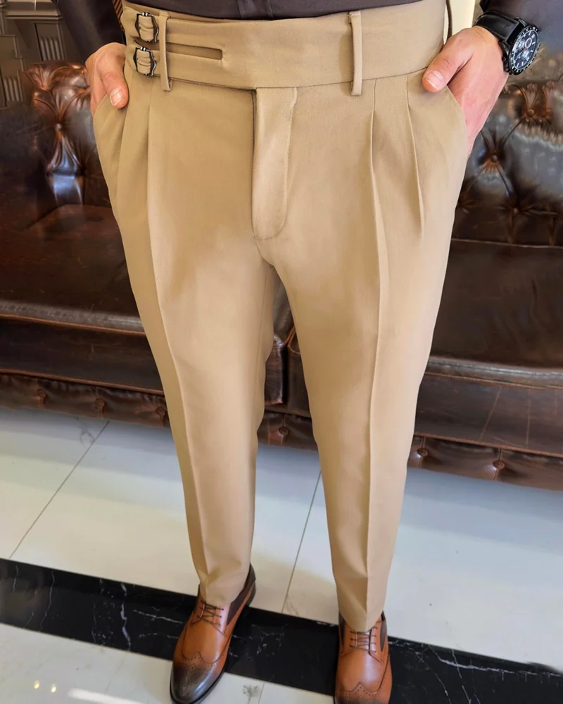 ترزي ادم التون Terziademaltun Italian Cut Belted Pleated Camel Fabric Trousers T10802
