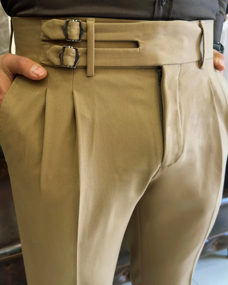 ترزي ادم التون Terziademaltun Italian Cut Belted Pleated Camel Fabric Trousers T10802