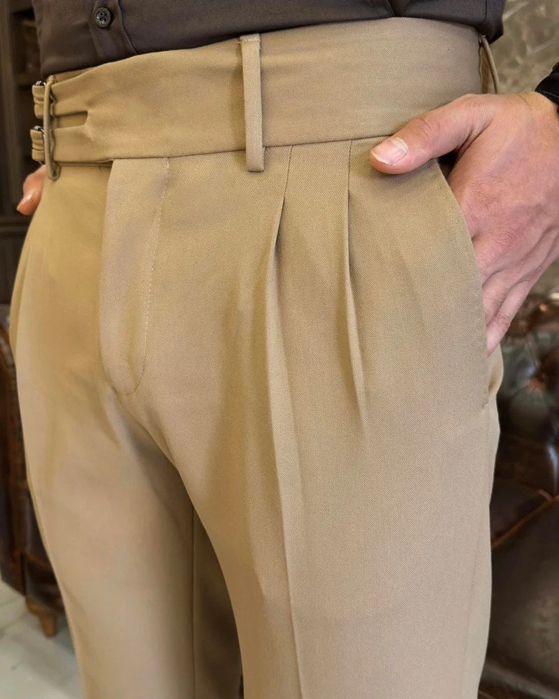 ترزي ادم التون Terziademaltun Italian Cut Belted Pleated Camel Fabric Trousers T10802