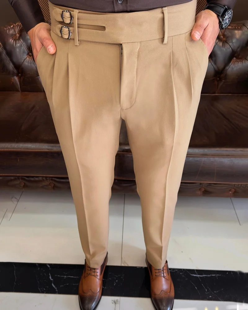 ترزي ادم التون Terziademaltun Italian Cut Belted Pleated Camel Fabric Trousers T10802