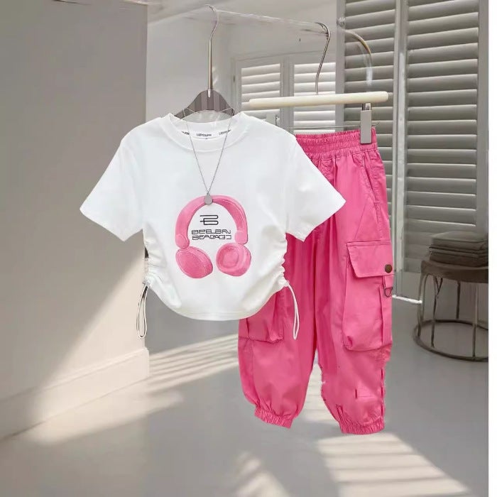 Girls Summer Set 2024 Earphone Tee Casual Pants White suit [white T-shirt pink pants]]