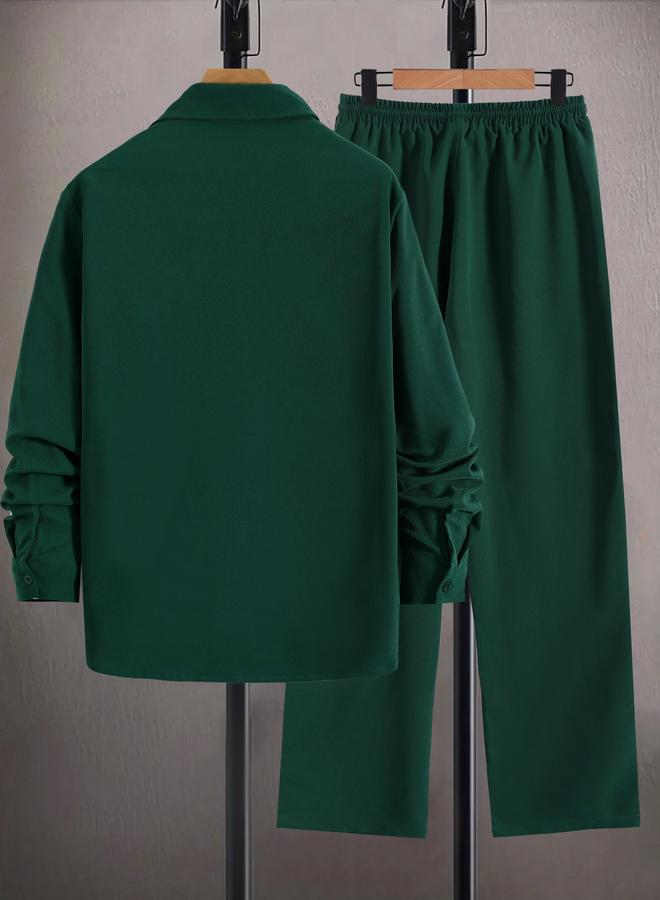 Take Two Men Dark Green Solid Shirt and Pants Co-Ords - Image 4