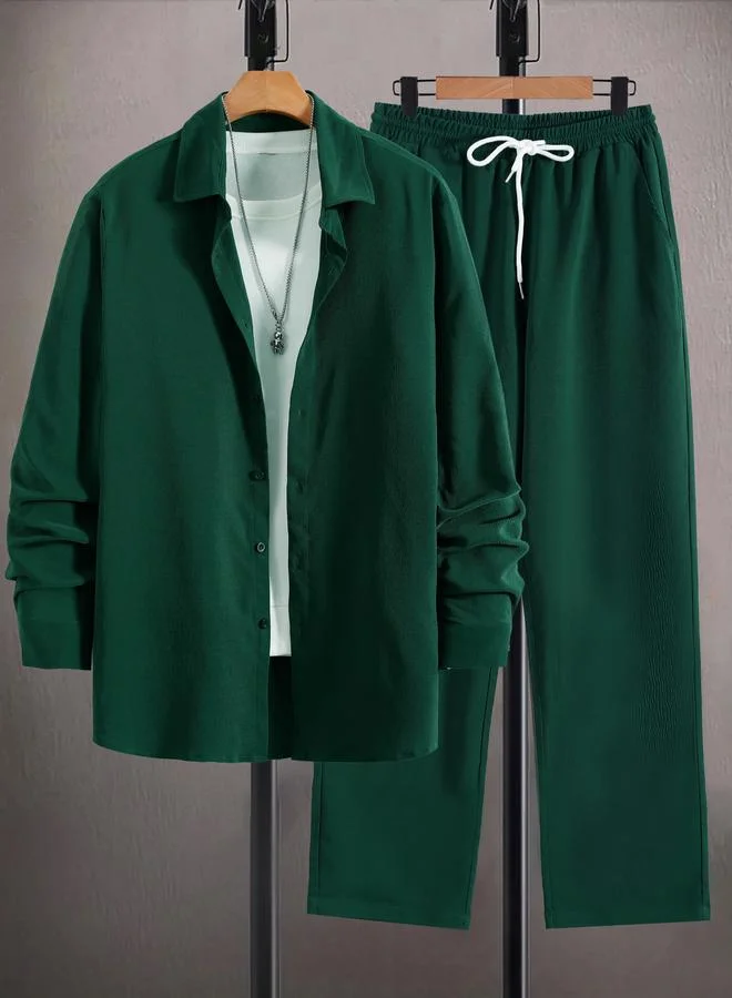 Take Two Men Dark Green Solid Shirt and Pants Co-Ords