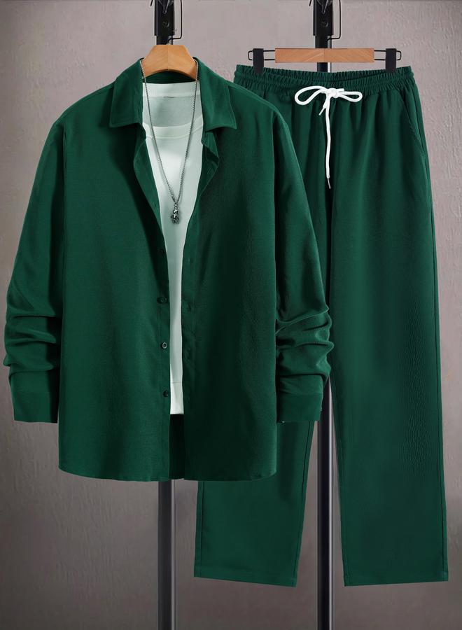 Take Two Men Dark Green Solid Shirt and Pants Co-Ords - Image 1