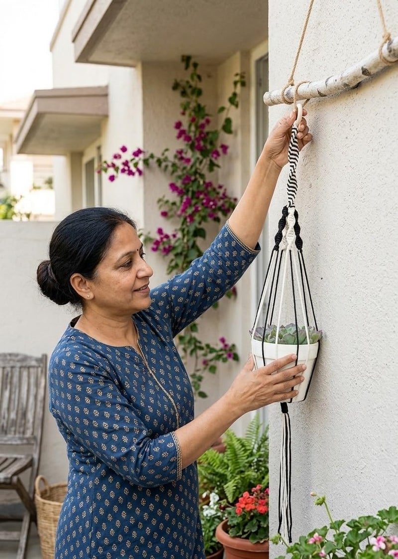 DXYZ Macrame Cotton Dyed Black and Ivory Outdoor/Indoor Plant Hanger [Without Pot] | Rope Flower Pot Holder Planter for Balcony Garden Wall | Home Decor Basket Hanger (2) - Image 3
