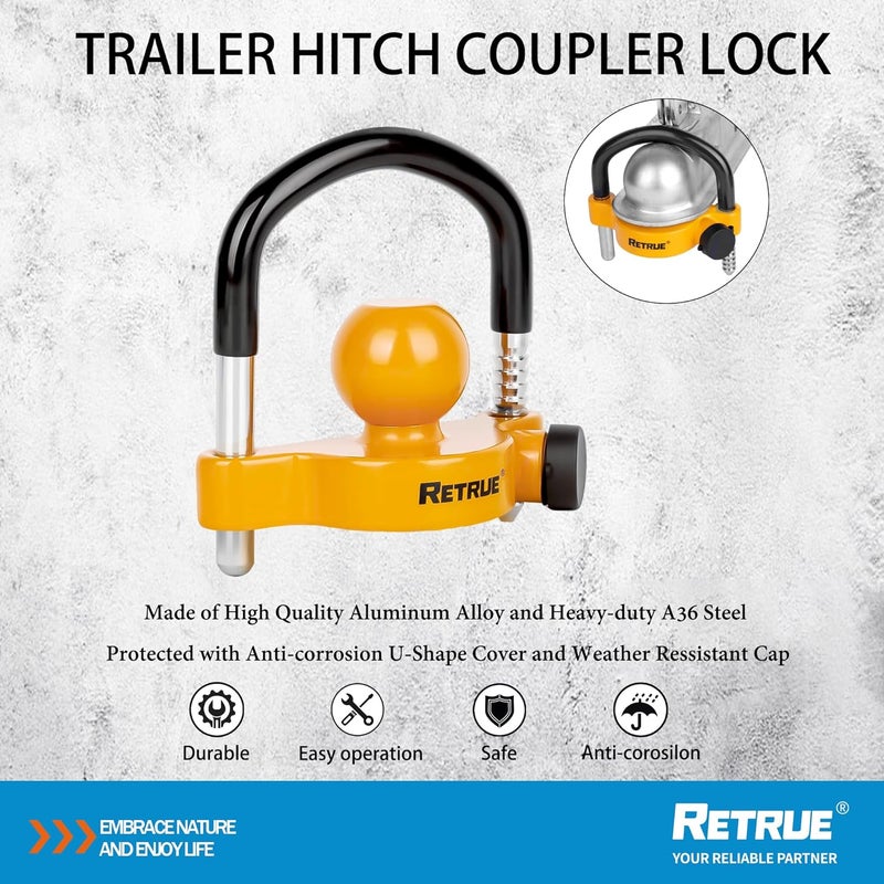 RETRUE Universal Trailer Ball Lock Hitch Coupler Locks Fits 1-7/8 Inch, 2 Inch, 2-5/16 Inch Couplers Adjustable Security with Weatherproof Cover and Cap, Yellow - Image 2