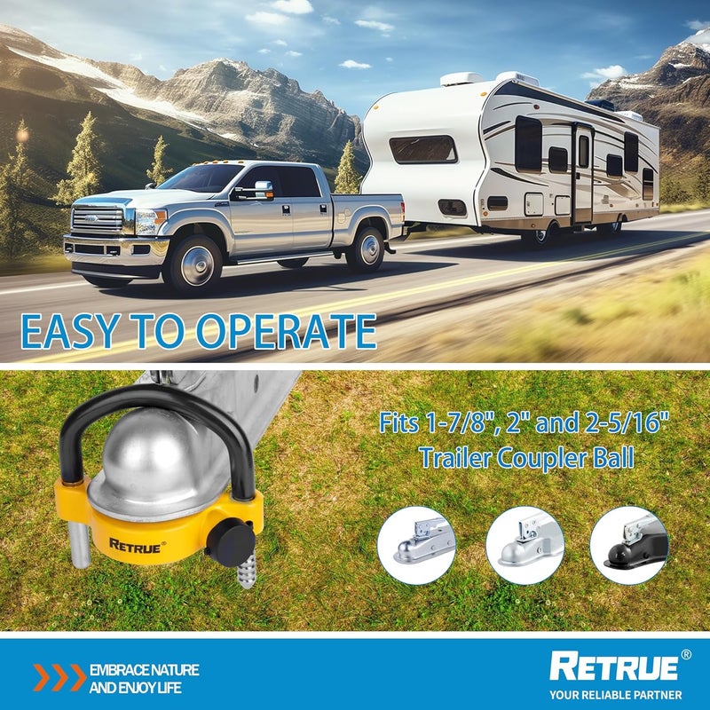 RETRUE Universal Trailer Ball Lock Hitch Coupler Locks Fits 1-7/8 Inch, 2 Inch, 2-5/16 Inch Couplers Adjustable Security with Weatherproof Cover and Cap, Yellow - Image 3