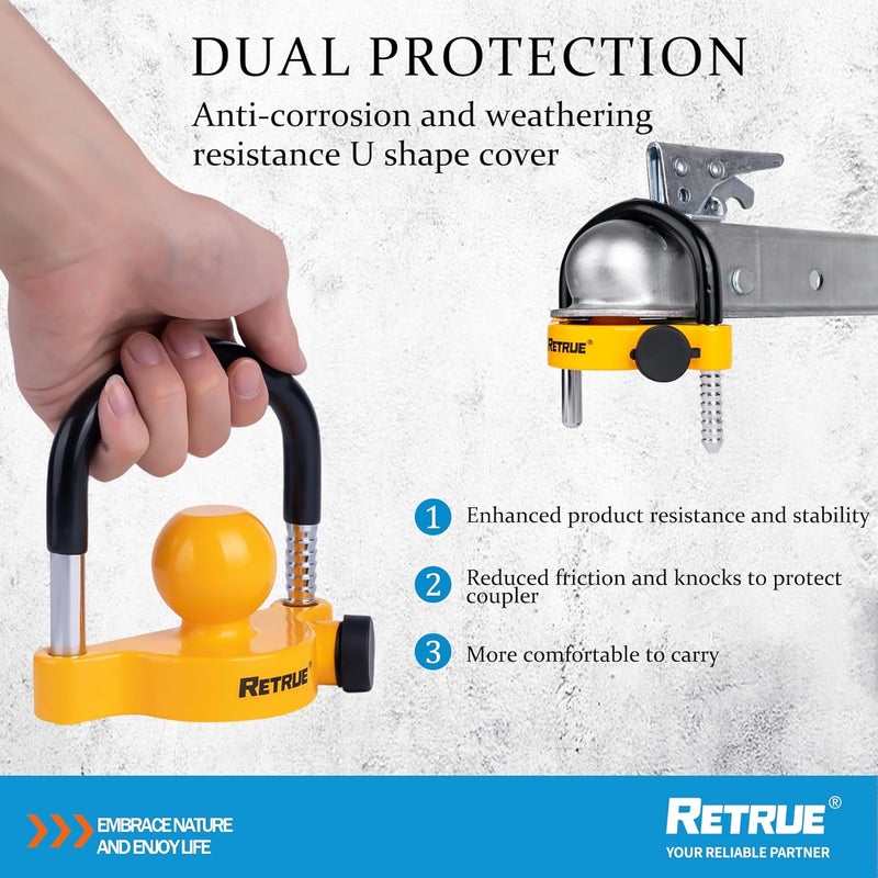RETRUE Universal Trailer Ball Lock Hitch Coupler Locks Fits 1-7/8 Inch, 2 Inch, 2-5/16 Inch Couplers Adjustable Security with Weatherproof Cover and Cap, Yellow - Image 4