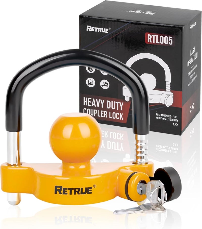 RETRUE Universal Trailer Ball Lock Hitch Coupler Locks Fits 1-7/8 Inch, 2 Inch, 2-5/16 Inch Couplers Adjustable Security with Weatherproof Cover and Cap, Yellow - Image 1