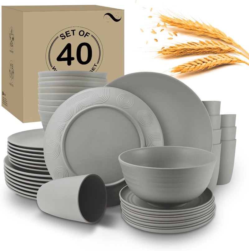 Wrova 40Pack plates and bowls sets for kitchen  Unbreakable wheat straw dinnerware sets service for 8  Alternative plastic 40pcs dish sets for picniccamping and RV  Grey - Image 1