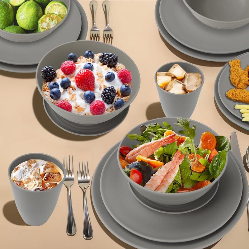 Wrova 40Pack plates and bowls sets for kitchen  Unbreakable wheat straw dinnerware sets service for 8  Alternative plastic 40pcs dish sets for picniccamping and RV  Grey - Image 5