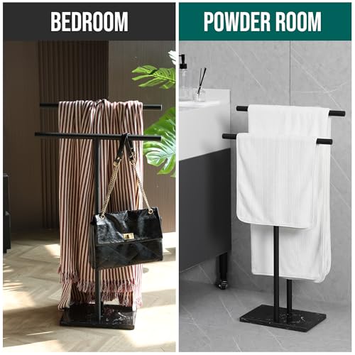 WISATO - Free Standing Towel Rack for Bathroom - Matte Black Finish - Stand Alone 2 Tier Stainless Steel Towel Rack for Bathroom Floor with Heavy Marble Base - Double T Shape Drying Stand for Towels - Image 5