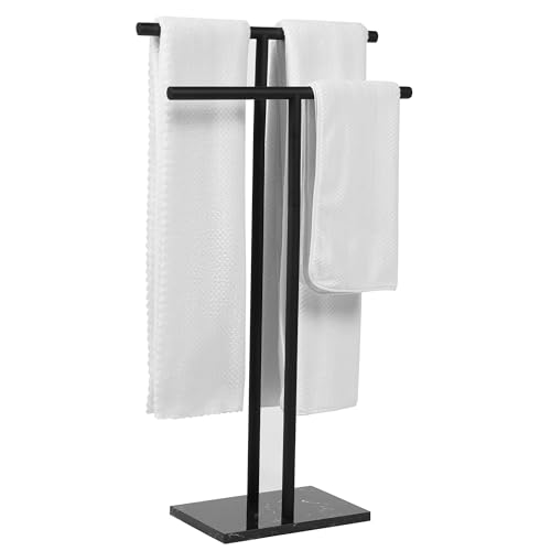 WISATO - Free Standing Towel Rack for Bathroom - Matte Black Finish - Stand Alone 2 Tier Stainless Steel Towel Rack for Bathroom Floor with Heavy Marble Base - Double T Shape Drying Stand for Towels - Image 1