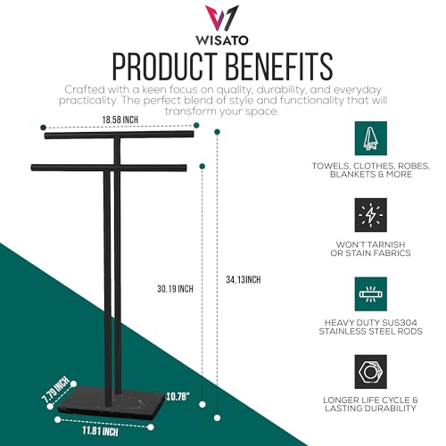 WISATO - Free Standing Towel Rack for Bathroom - Matte Black Finish - Stand Alone 2 Tier Stainless Steel Towel Rack for Bathroom Floor with Heavy Marble Base - Double T Shape Drying Stand for Towels - Image 3