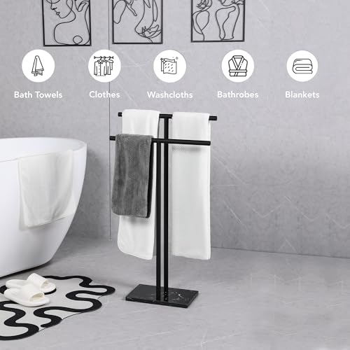 WISATO - Free Standing Towel Rack for Bathroom - Matte Black Finish - Stand Alone 2 Tier Stainless Steel Towel Rack for Bathroom Floor with Heavy Marble Base - Double T Shape Drying Stand for Towels - Image 2