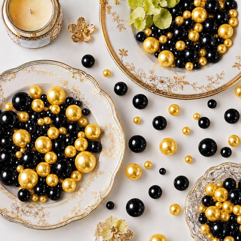 UDU 200 Pcs Vase Filler Pearl Beads No Hole Faux Polish Pearls for Centerpieces Vases Beads for Floating Candles Home Birthday Wedding Party Table Decor (Black and Gold) - Image 1