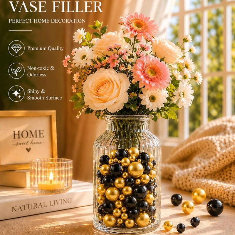 UDU 200 Pcs Vase Filler Pearl Beads No Hole Faux Polish Pearls for Centerpieces Vases Beads for Floating Candles Home Birthday Wedding Party Table Decor (Black and Gold) - Image 2