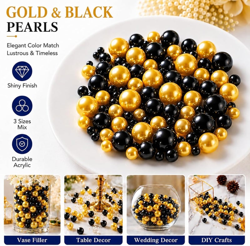 UDU 200 Pcs Vase Filler Pearl Beads No Hole Faux Polish Pearls for Centerpieces Vases Beads for Floating Candles Home Birthday Wedding Party Table Decor (Black and Gold) - Image 4