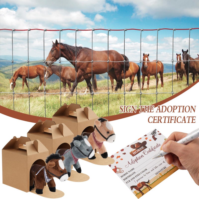 Wenceda 50 Pcs Adopt a Horse Party Supplies, Horse Adopt Party Favor, 12 Stuffed Horse Centerpiece 12 Foldable Boxes 12 Denim Scarf 12 Adopt Certificates Card 1 Adoption Sign for Horse Party Decoration Favor - Image 5