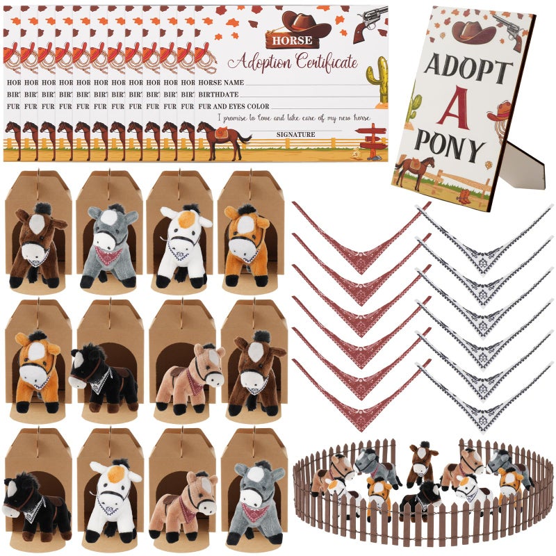 Wenceda 50 Pcs Adopt a Horse Party Supplies, Horse Adopt Party Favor, 12 Stuffed Horse Centerpiece 12 Foldable Boxes 12 Denim Scarf 12 Adopt Certificates Card 1 Adoption Sign for Horse Party Decoration Favor - Image 1