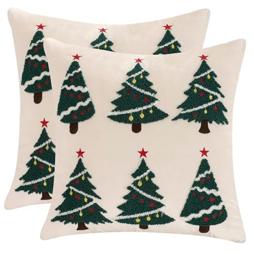 LUOYEHK Christmas Pillow Covers 18x18 Set of 2 Christmas Tree Decorative Beige Pillow Cases Winter Holiday Velvet Embroidered Cushion Covers for Couch Sofa Bed - Image 1