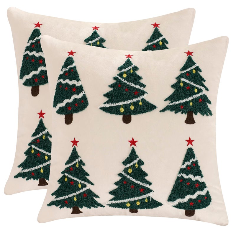 LUOYEHK Christmas Pillow Covers 18x18 Set of 2 Christmas Tree Decorative Beige Pillow Cases Winter Holiday Velvet Embroidered Cushion Covers for Couch Sofa Bed - Image 2
