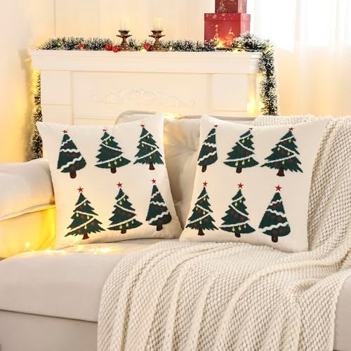 LUOYEHK Christmas Pillow Covers 18x18 Set of 2 Christmas Tree Decorative Beige Pillow Cases Winter Holiday Velvet Embroidered Cushion Covers for Couch Sofa Bed - Image 3