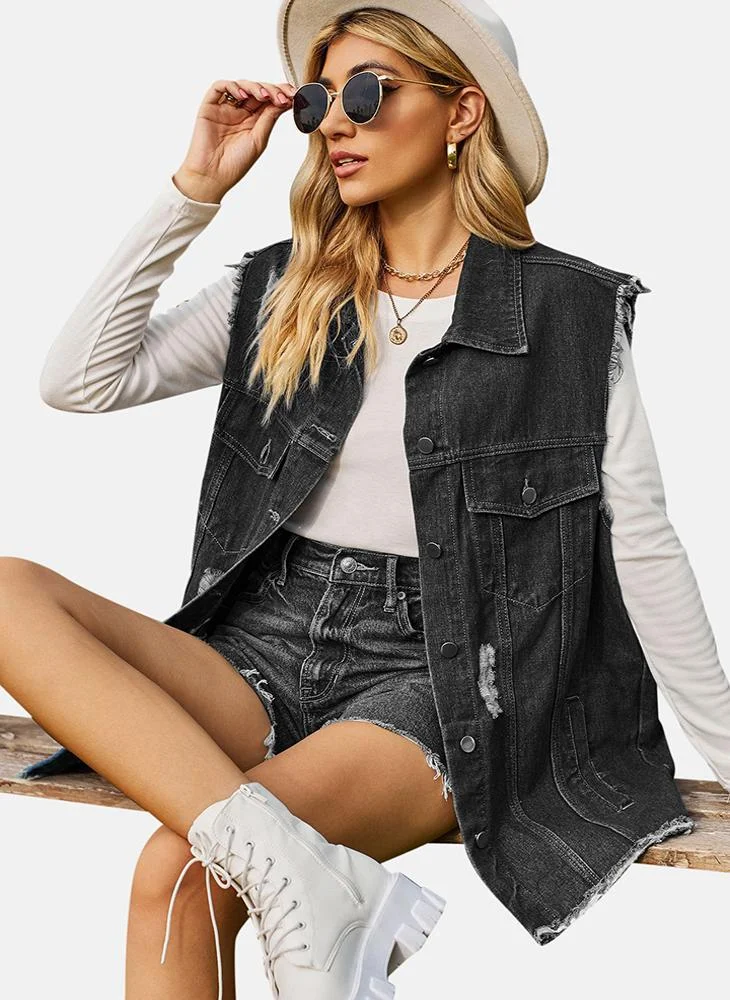 يونيكي Grey Printed Regular Fit Sleeveless Denim Jacket