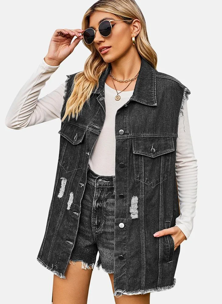 YUNIQEE Grey Printed Regular Fit Sleeveless Denim Jacket