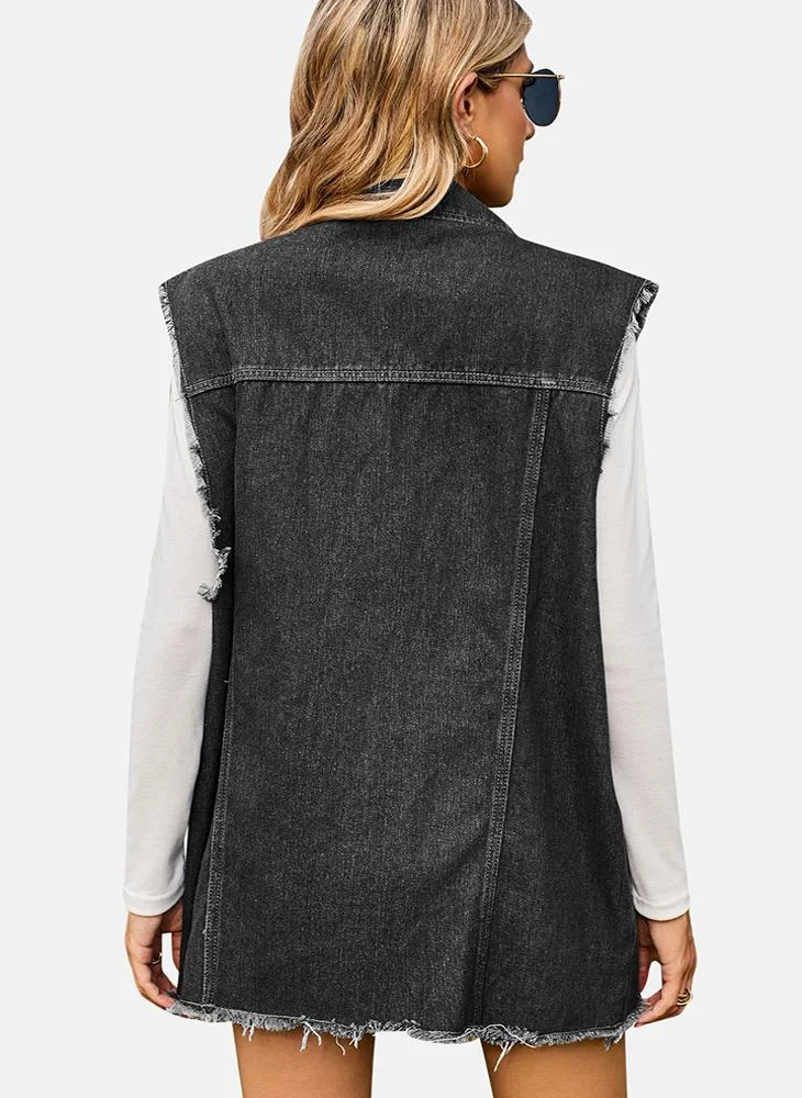 YUNIQEE Grey Printed Regular Fit Sleeveless Denim Jacket