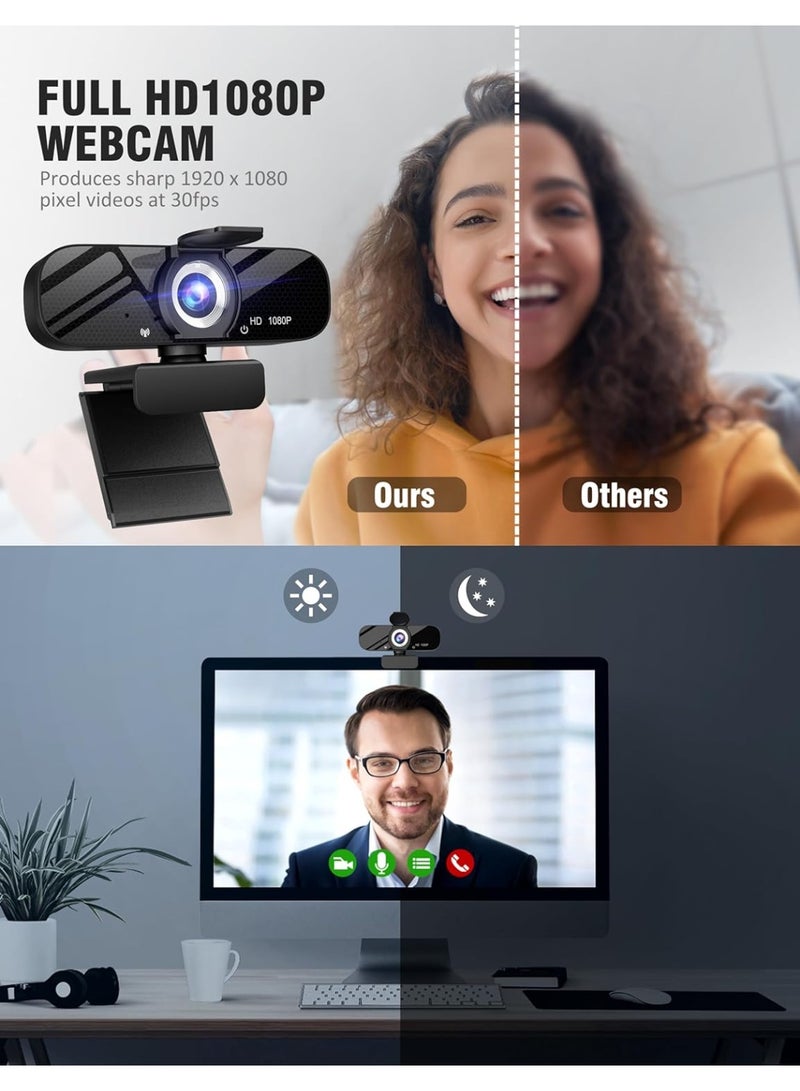 Full HD Webcam with Built-in Microphone and Rotatable Tripod, 1080P Video and Wide Angle Camera, Privacy Cover, for Desktop PC or Laptop Computer  - Image 2