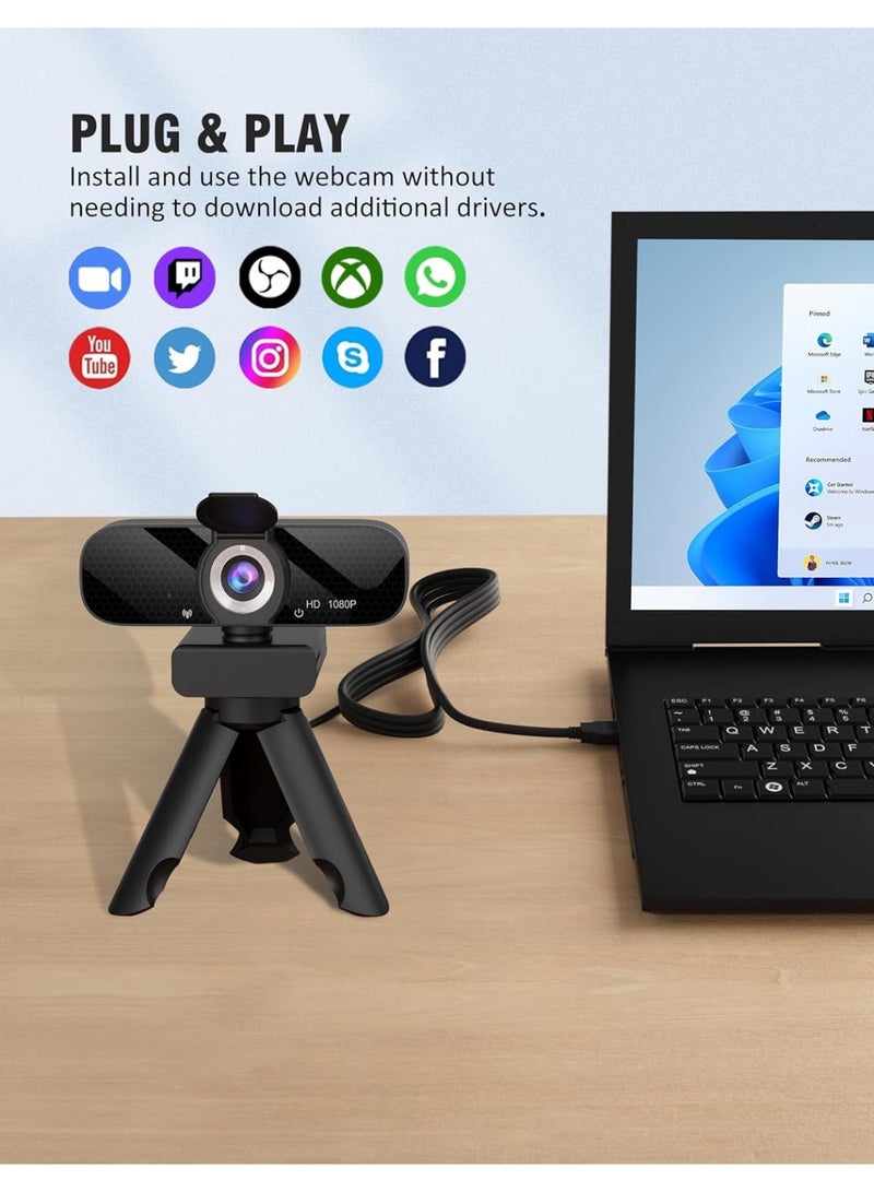 Full HD Webcam with Built-in Microphone and Rotatable Tripod, 1080P Video and Wide Angle Camera, Privacy Cover, for Desktop PC or Laptop Computer  - Image 5