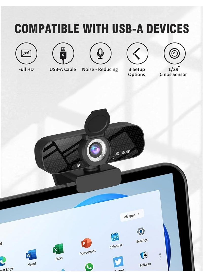 Full HD Webcam with Built-in Microphone and Rotatable Tripod, 1080P Video and Wide Angle Camera, Privacy Cover, for Desktop PC or Laptop Computer  - Image 4