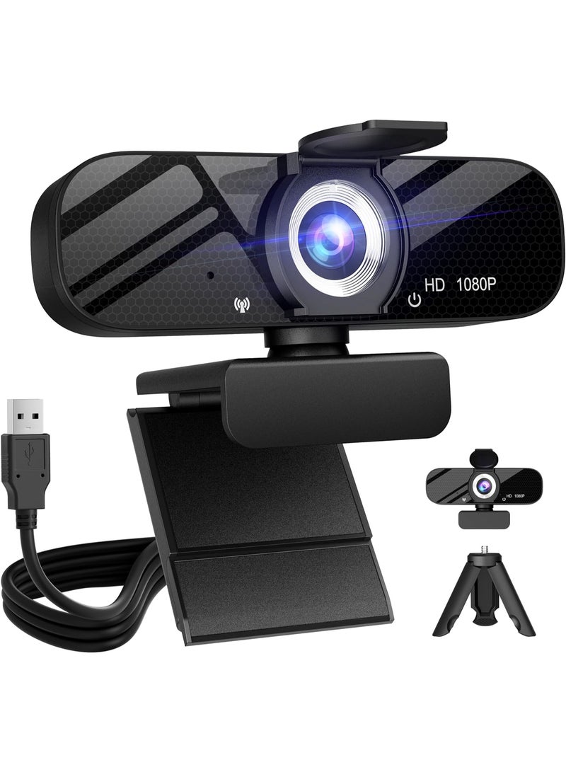 Full HD Webcam with Built-in Microphone and Rotatable Tripod, 1080P Video and Wide Angle Camera, Privacy Cover, for Desktop PC or Laptop Computer  - Image 1