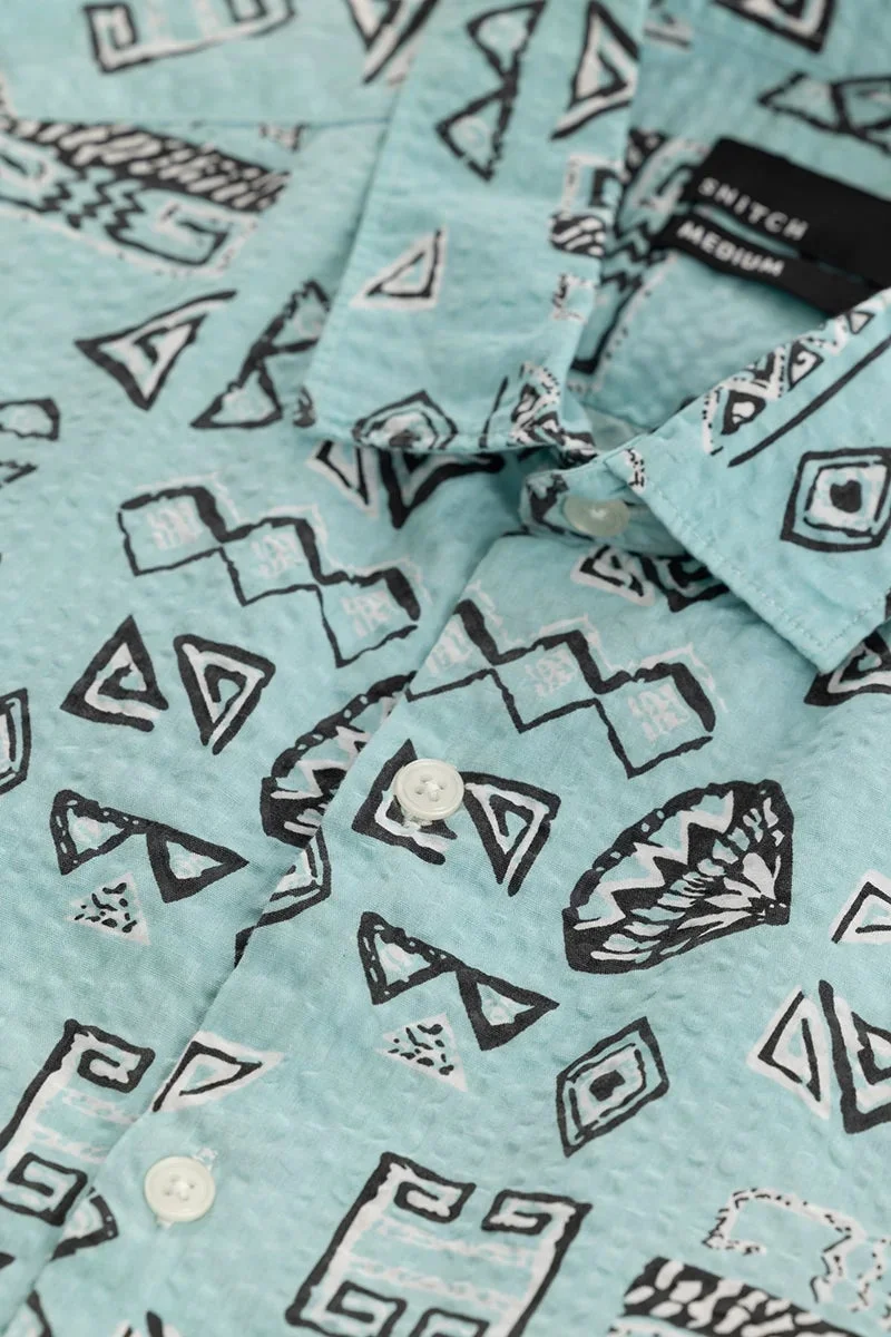 SNITCH Light Blue Geometric Long Sleeve Slim Fit Casual Shirt