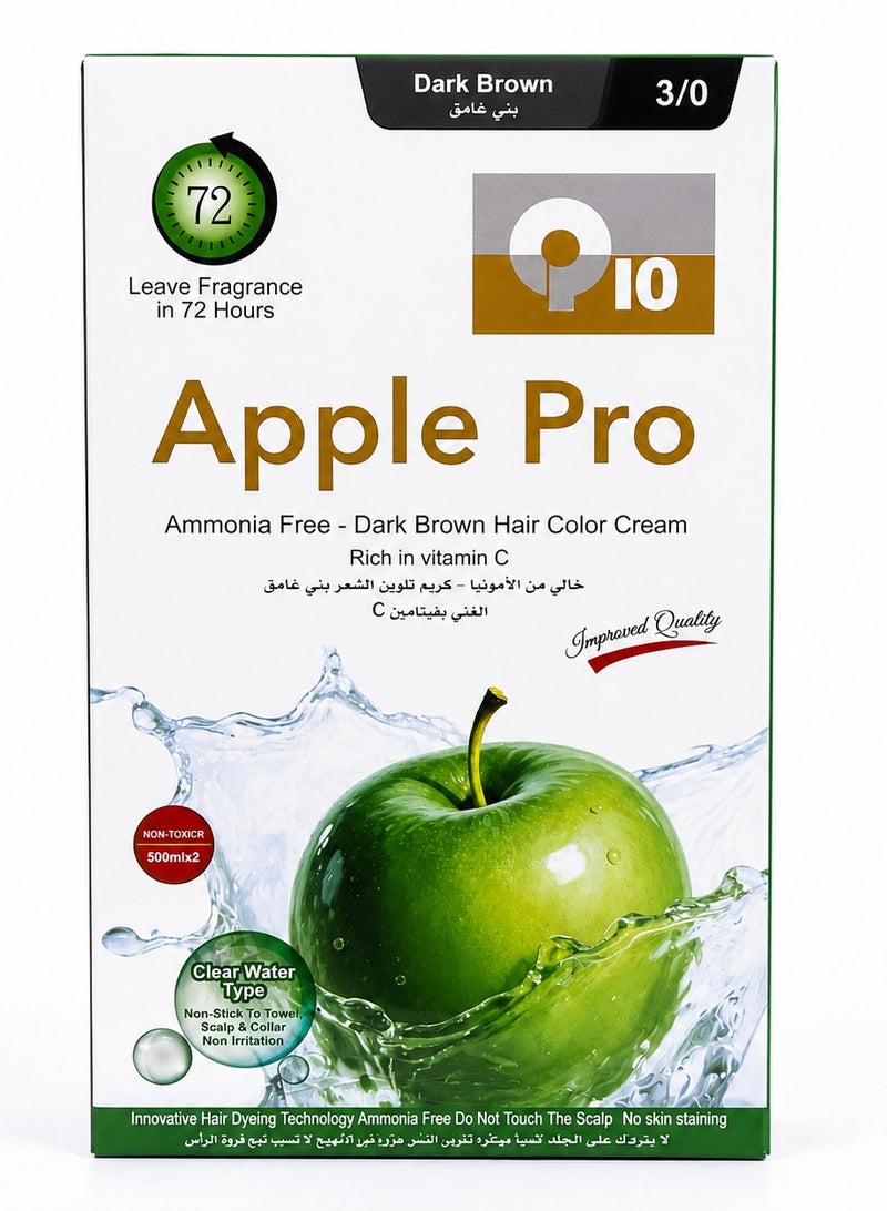Apple Pro Hair Color Cream Ammonia-Free 3/0 Dark Brown Dye Clear Water Type (500ml x 2) - Image 1