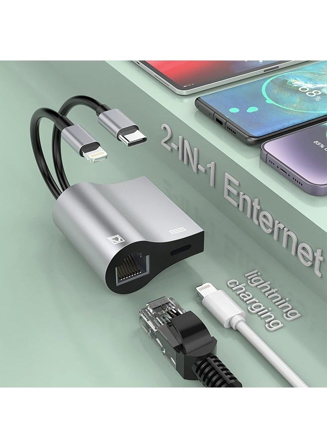 2-IN-1 Lightning/USB Type-C to Ethernet Adapter RJ45 10/100 LAN Network Adapter with Charge Port for iPhone 14 13/iPad/Pod MacBook Pro/Air Samsung S20 Note 8/9 Galaxy Tablet Dell - Image 3