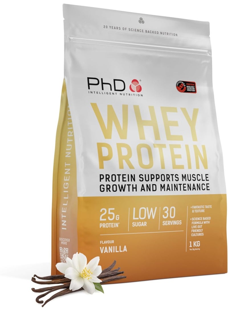 PhD Whey Protein - Protein supports muscle growth and maintenance, 25g protein|low sugar| 30 servings|flavour Vanilla | 1kg - per 33g serving - Image 1