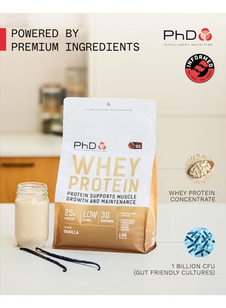 Whey Protein - Protein supports muscle growth and maintenance, 25g protein|low sugar| 30 servings|flavour Vanilla | 1kg - per 33g serving - view 3