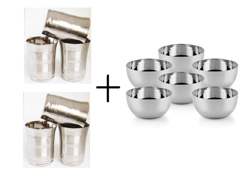 ASHMIK Dinner Set Including Glass, Bowl Durable and Ideal for Everyday Use 6 Stainless Steel Pari Glass & 6 Stainless Steel Bowl Combo Set of 12 Pcs - Image 3