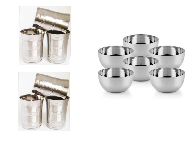 ASHMIK Dinner Set Including Glass, Bowl Durable and Ideal for Everyday Use 6 Stainless Steel Pari Glass & 6 Stainless Steel Bowl Combo Set of 12 Pcs - Image 2