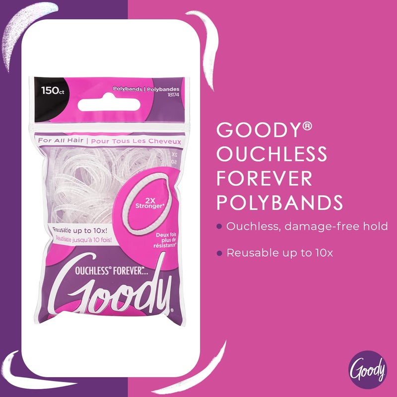Goody Ouchless Forever Polyband Hair Ties, 150 Ct, Clear, Elastic Bands, Easy Glide, Ultra-Strong Hold Styling Accessories for Women & Men, Secure Hold Ridge Design, All Hair Types - Image 2