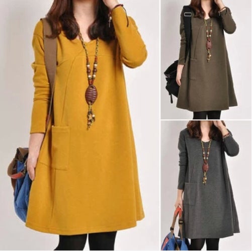 2024 Spring and Autumn plus size Womens chubby girl Autumn and Winter New Loose Slim Medium and Long dress Base Skirt Gray - Image 1