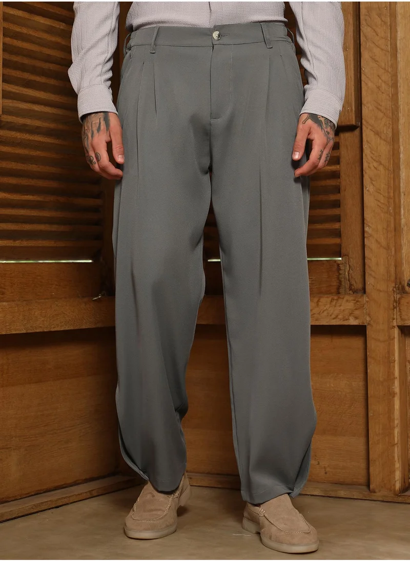 كامبوس سوترا Men's Dark Olive Straight-Cuffed Pleated Trousers For Casual Wear | Mid-Rise | Straight Fit | Button Closure | Trousers Crafted With Comfort Fit For Everyday Wear