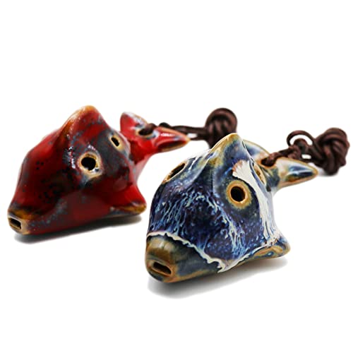 Aestivate 6 Hole Ocarina Fish Shaped Ocarina Alto C Ceramic Ocarinas Instrument C Key Pack of 2 Red and Blue Ceramic Decor - Image 1