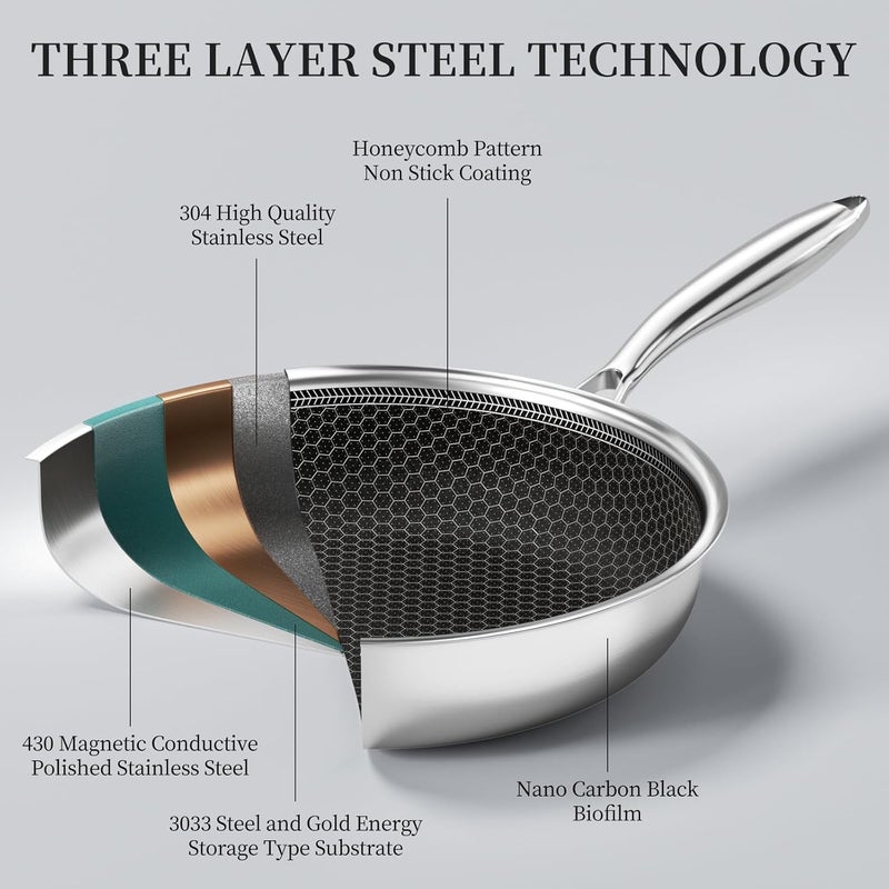 Innerwell مقلاة إينرويل من الفولاذ المقاوم للصدأ مقاس 20 سم، مقلاة غير لاصقة بتصميم قرص العسل، مقلاة صغيرة ثلاثية الطبقات لأفران ومواقد الغاز والكهرباء والحث والسيراميك، خالية من مادة PFOA - Image 3