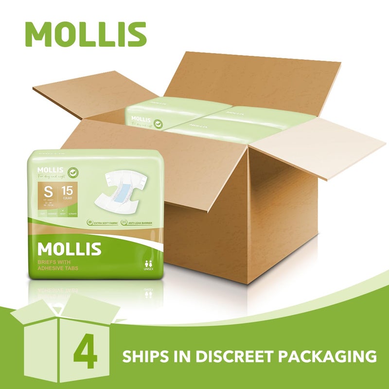 MOLLIS Adult Diapers for Women and Men, Unisex Disposable Incontinence Briefs with Tabs, Odor Control, Small, 15 Count - Image 3